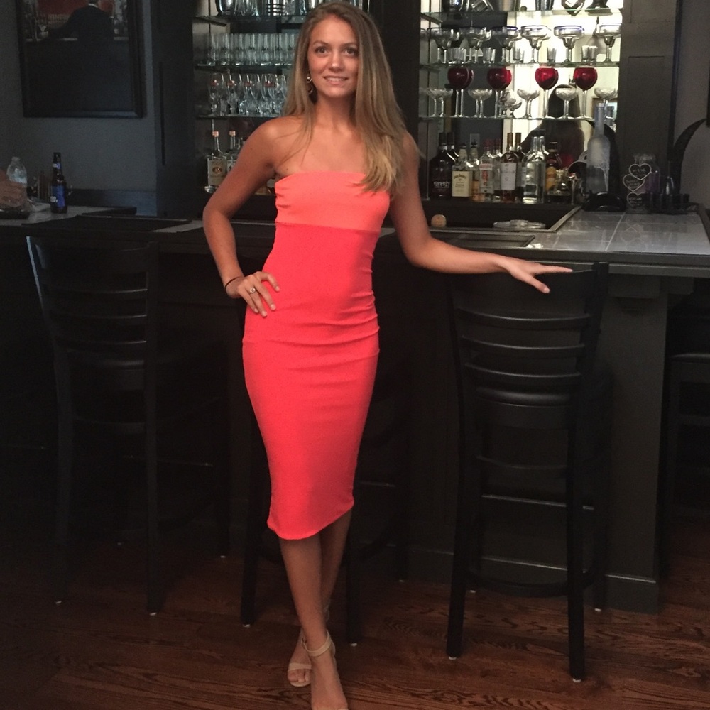 Kittenish pink strapless midi dress